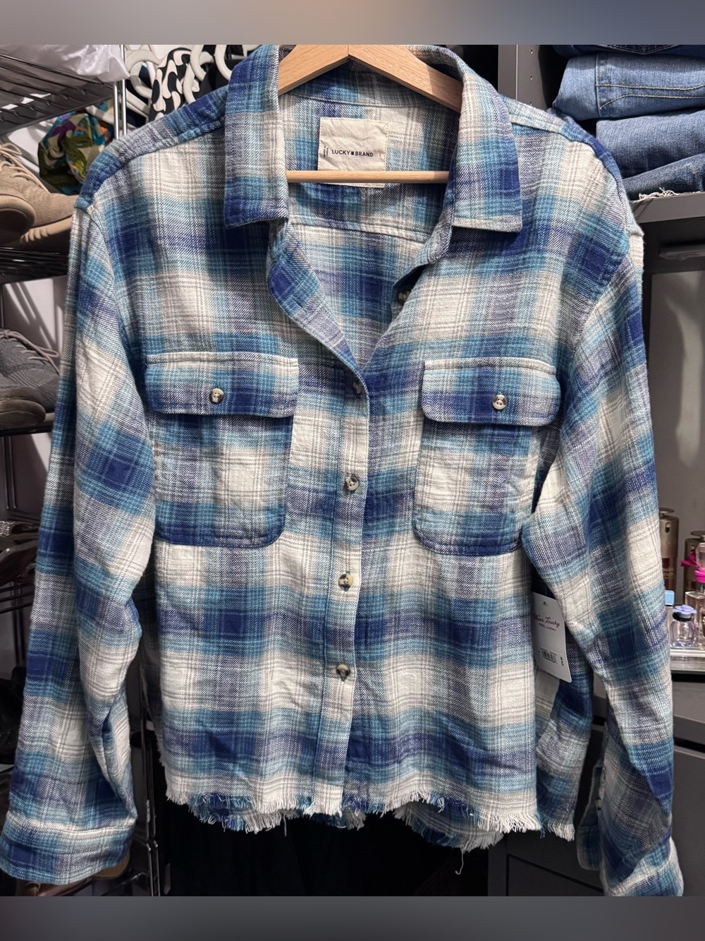 Lucky Brand Blue and White Plaid Button-Front Shacket size L crest pocket
